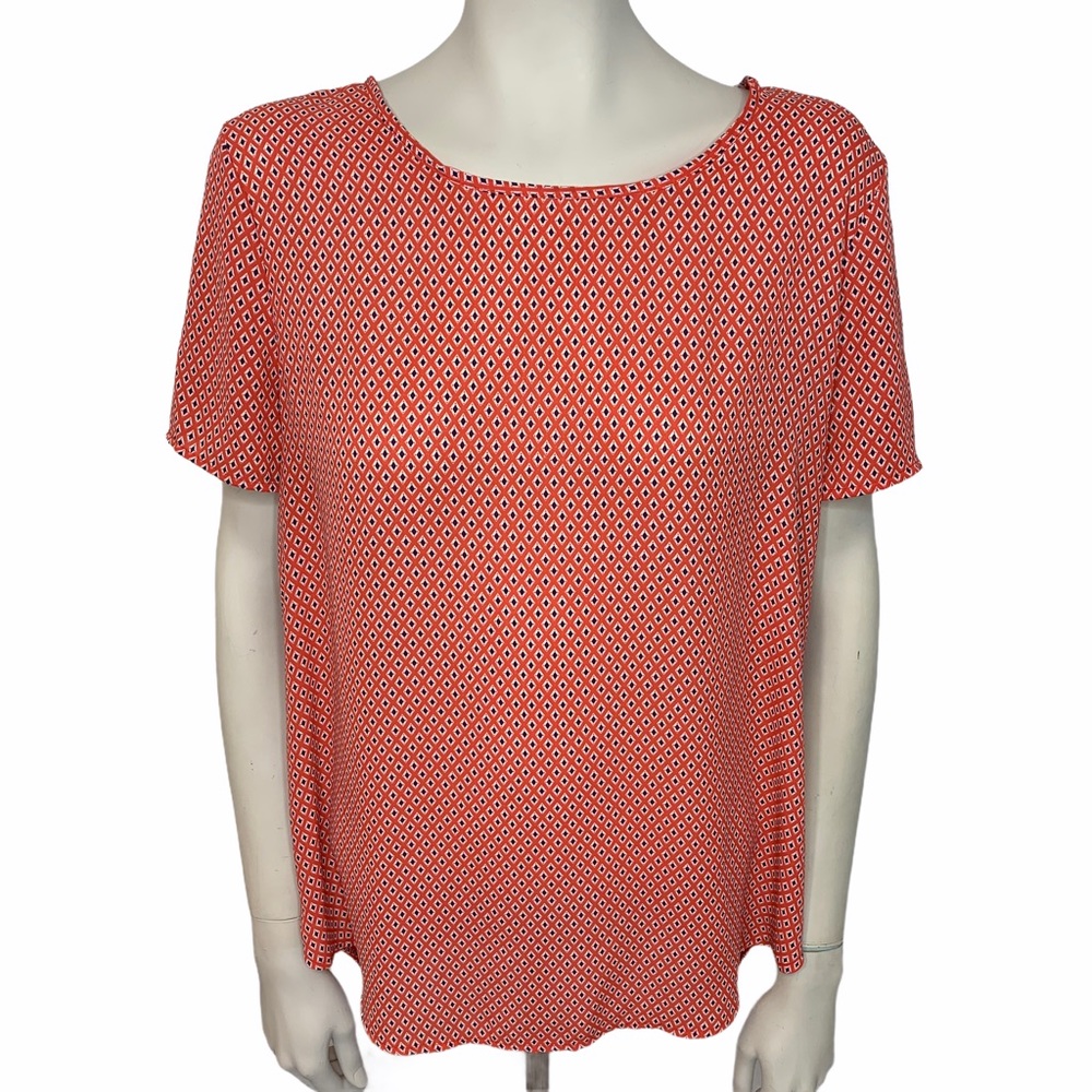 PLEIONE Orange Red All Over Print Dressy Semi Sheer Classic Top Blouse XL